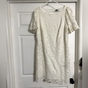 Cream Jessica Howard Lace Detail Dress with Short Bell Sleeve and Scalloping.